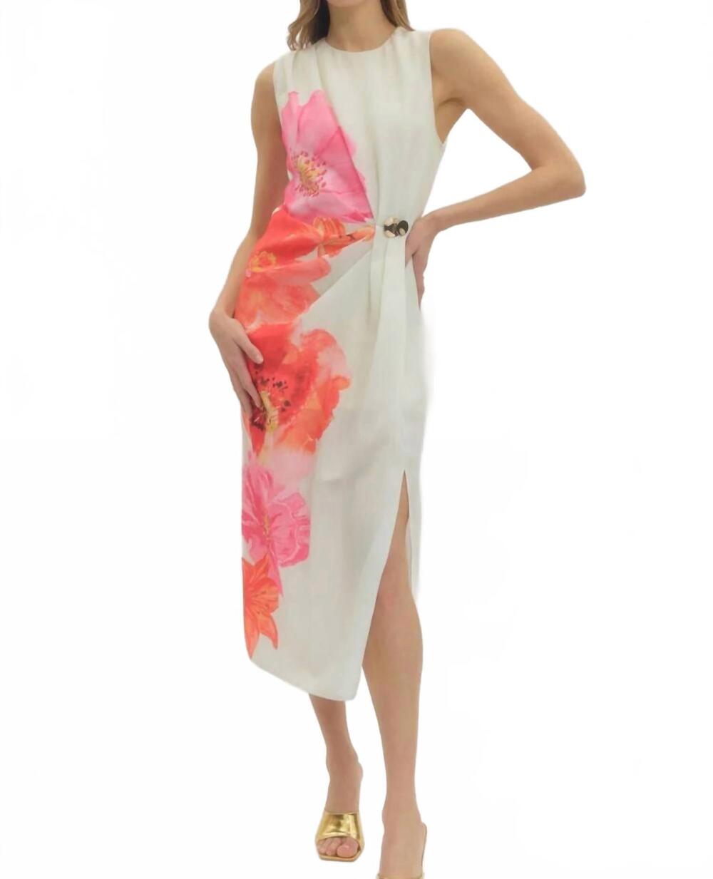 NEW ENTRO women's floral daze side detail midi dress in white